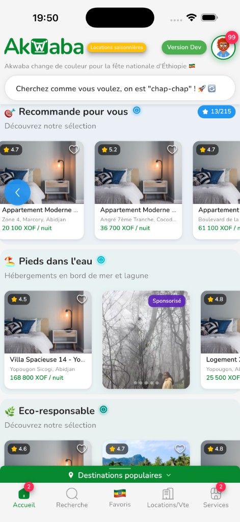 Onglet Accueil, sections et recommandations