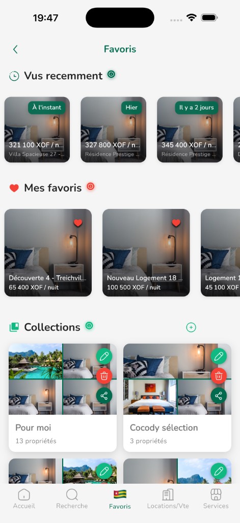 Onglet Favoris, vus récemment et collections