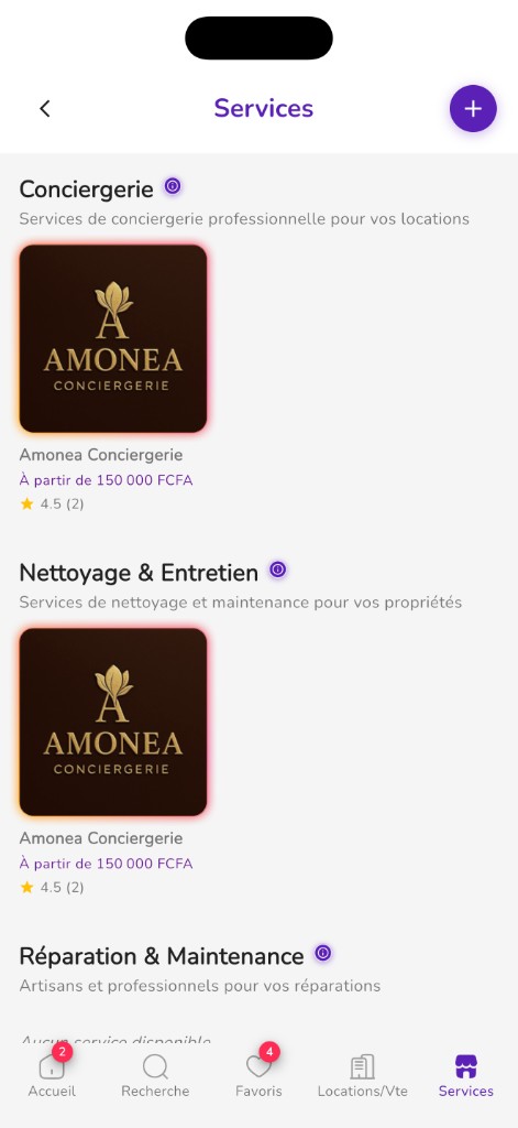 Onglet Services, conciergerie et prestataires